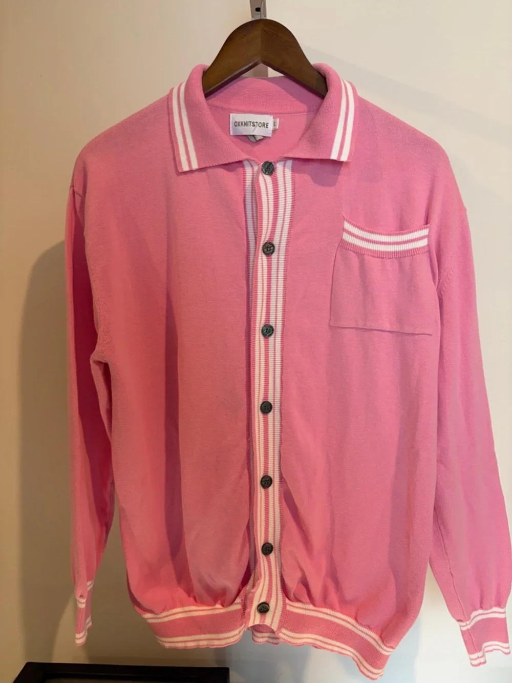 Pink Knit Button-Up Cardigan with White Trim - Okkitstore - Picture 1 of 2